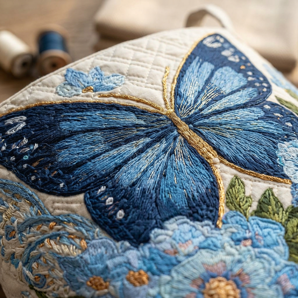 Close-up of the hand-embroidery on our Dragonfly basket. What you are looking at is thread — not print.