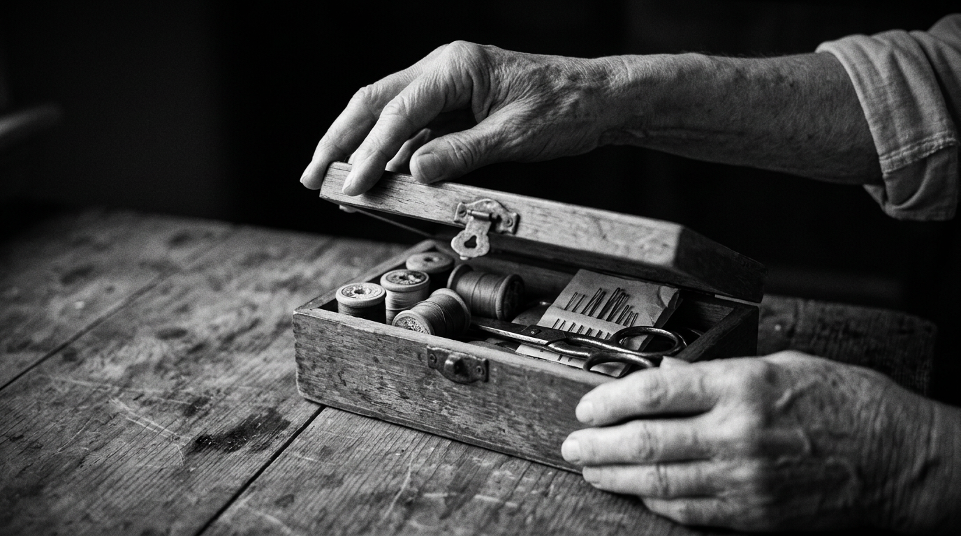 Our grandmother's wooden sewing box — the start of everything we do.